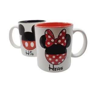 2 Disney Jerrie Leigh Red Black Minnie Mickey Ears  Coffee Cups His Hers